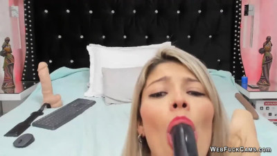 Latin blonde MILF fucks sex toys on solo webcam show