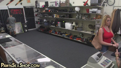 Busty pawnshop babe rides owners cock after deepthroat POV