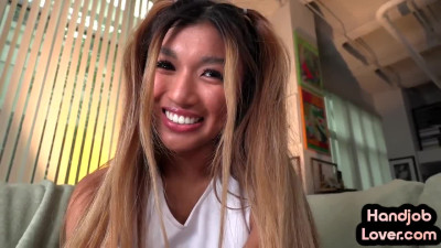 Petite Asian 21yo cheerleader jerks POV dick and talks dirty