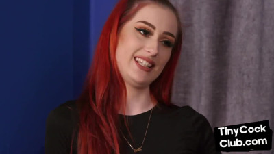 Redhead domina with pierced tits jerking losers tiny cock