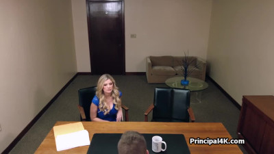 Suburban milf in blue dress blowing the head teacher