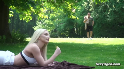 Old man Philippe Soine fucks sexy blonde Angela Vidal in the public park