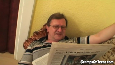 Slutty teen fucks gramps after sucking his dick