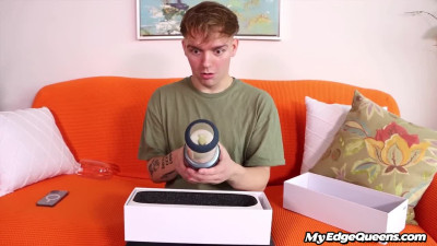 Edging small boobs babe wanking BFs cock with fleshlight