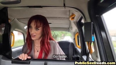 Redhead slutty MILF outdoor fucked in taxi by taxi dude