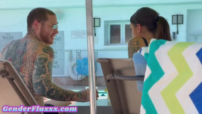 Pegging GF fucks BFs asshole with strapon after pool fun