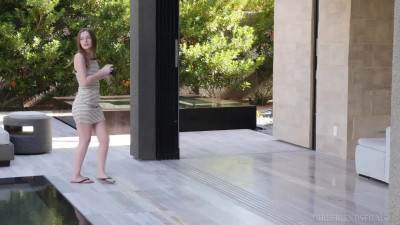 Older blonde MILF and younger brown haired girl next to and inside outdoor pool lez