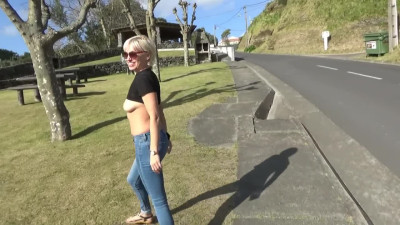 Cindy naked walks in the park in the Azores.