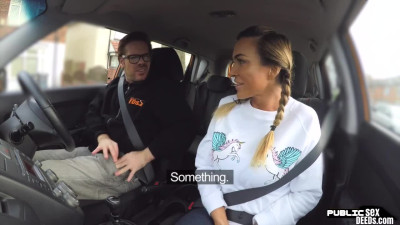 Busty MILF public fucked in car outdoor by driving tutor