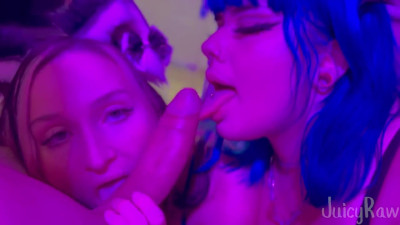 Two Kittens Share Cock & Candy - Halloween Threesome